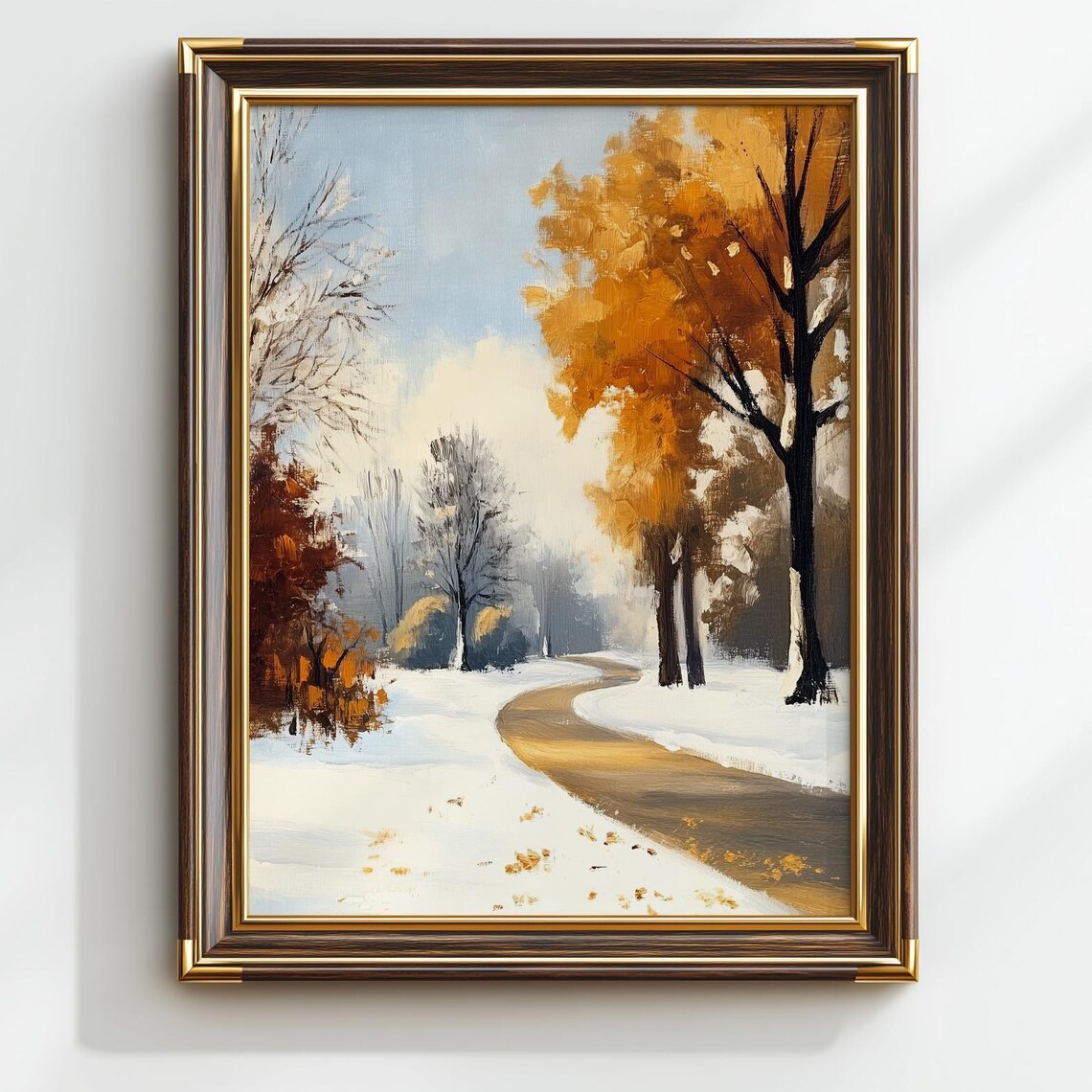 Snowy Winter Road Landscape Vintage Oil Painting Golden Trees Poster