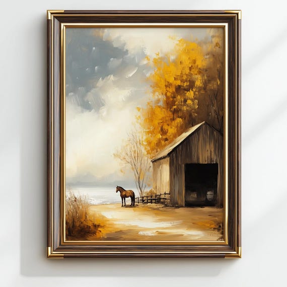 Rustic Horse And Barn Autumn Art Print