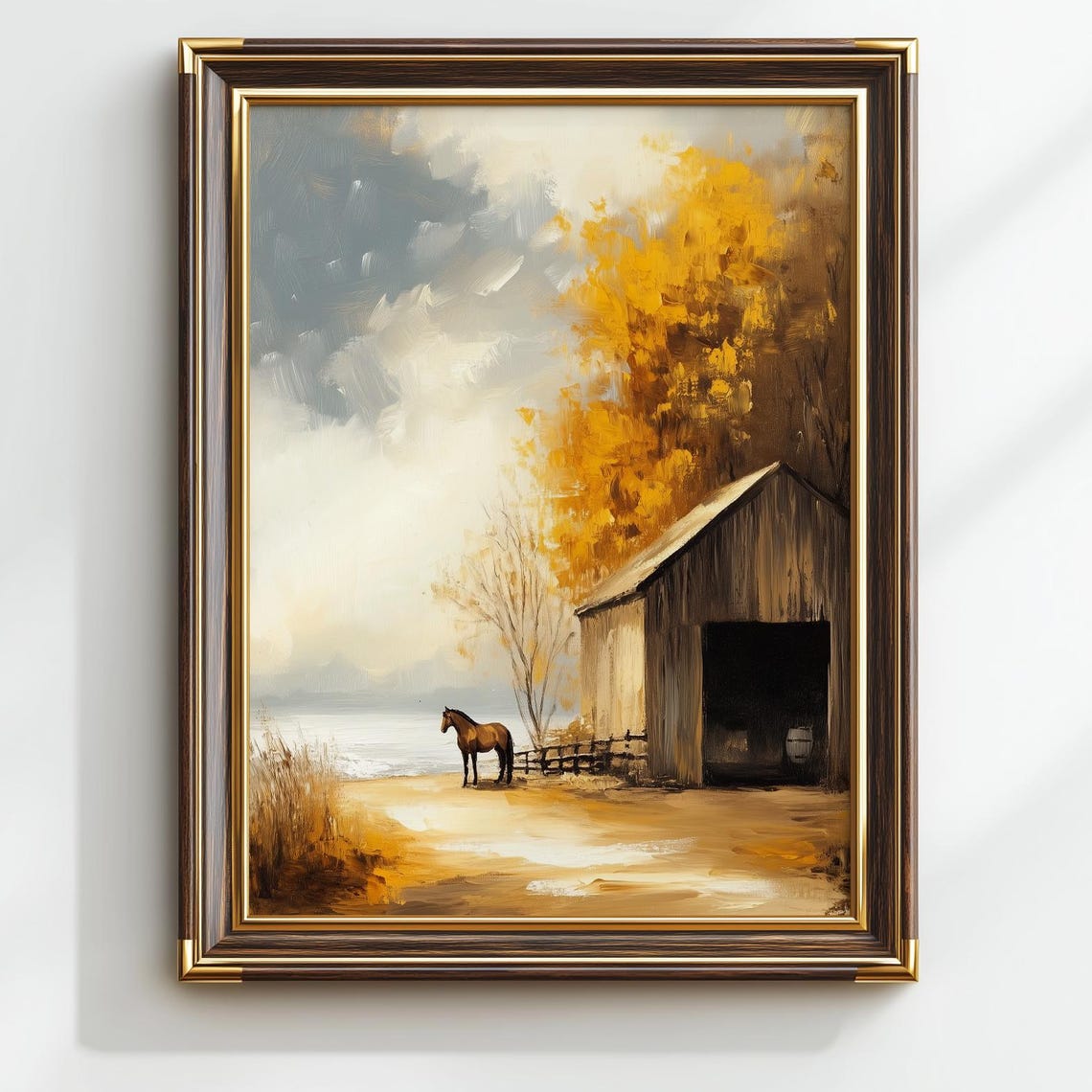 Rustic Horse By Barn Golden Autumn Lakeside Oil Painting Poster