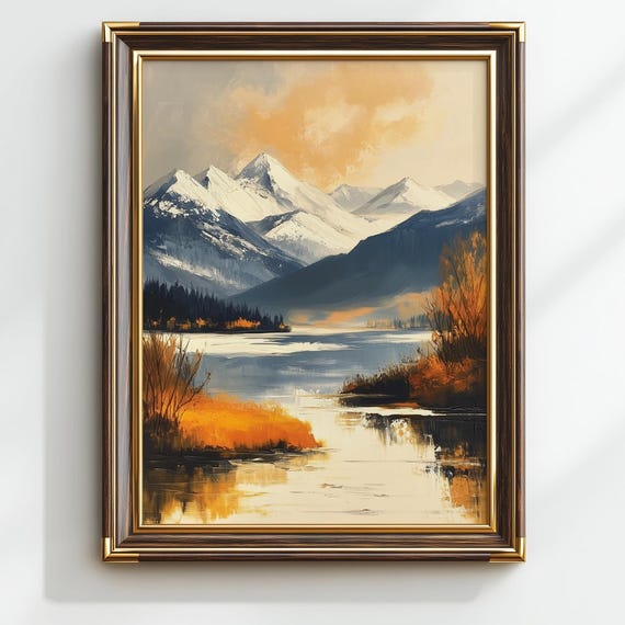Majestic Winter Mountain Range Wall Art Serene Snowcapped Peaks Over Reflective Lake Vintage Oil Painting 41