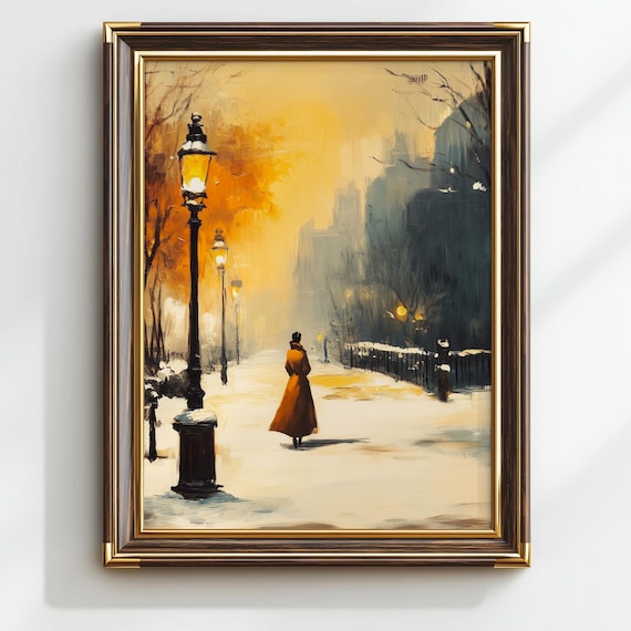 Woman in Orange Coat Walking a Snowy Lamp Lit Street Oil Painting Poster
