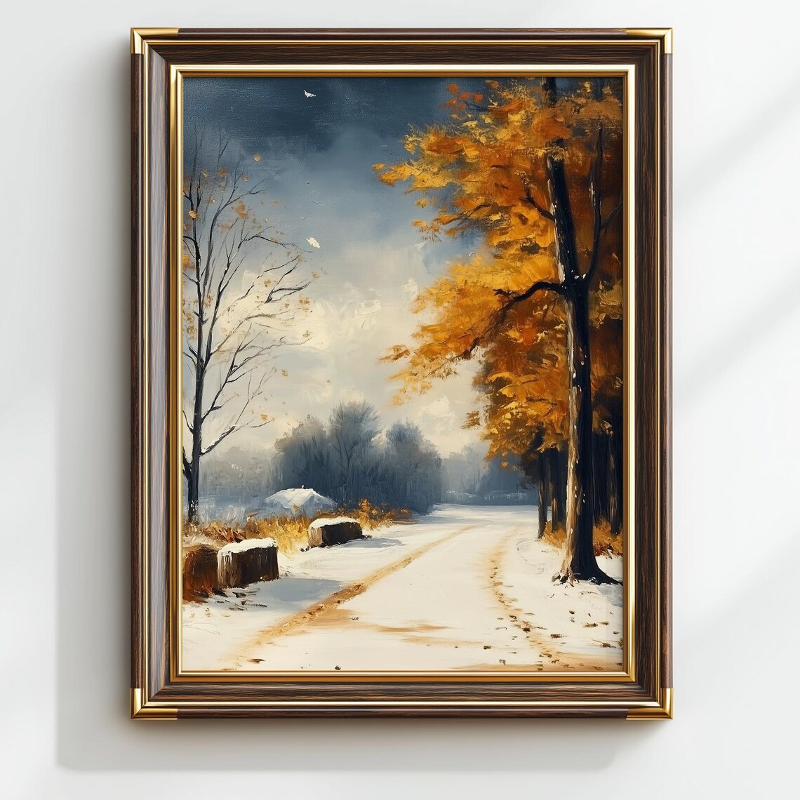 Snowy Winter Road Golden Trees Hay Bales Oil Painting Poster