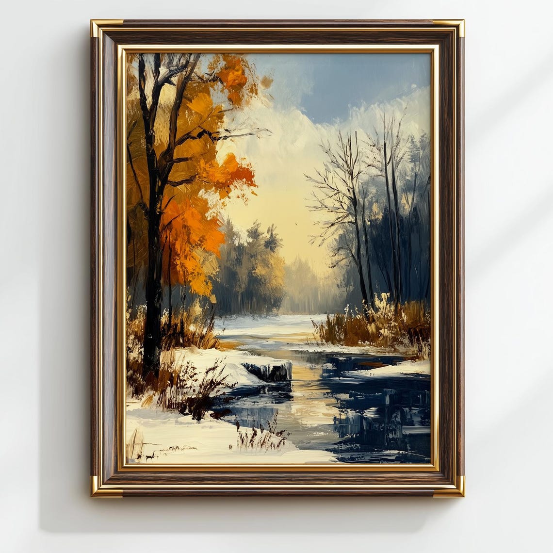 Snowy River Winter Landscape Golden Birch Stream Vintage Art Poster