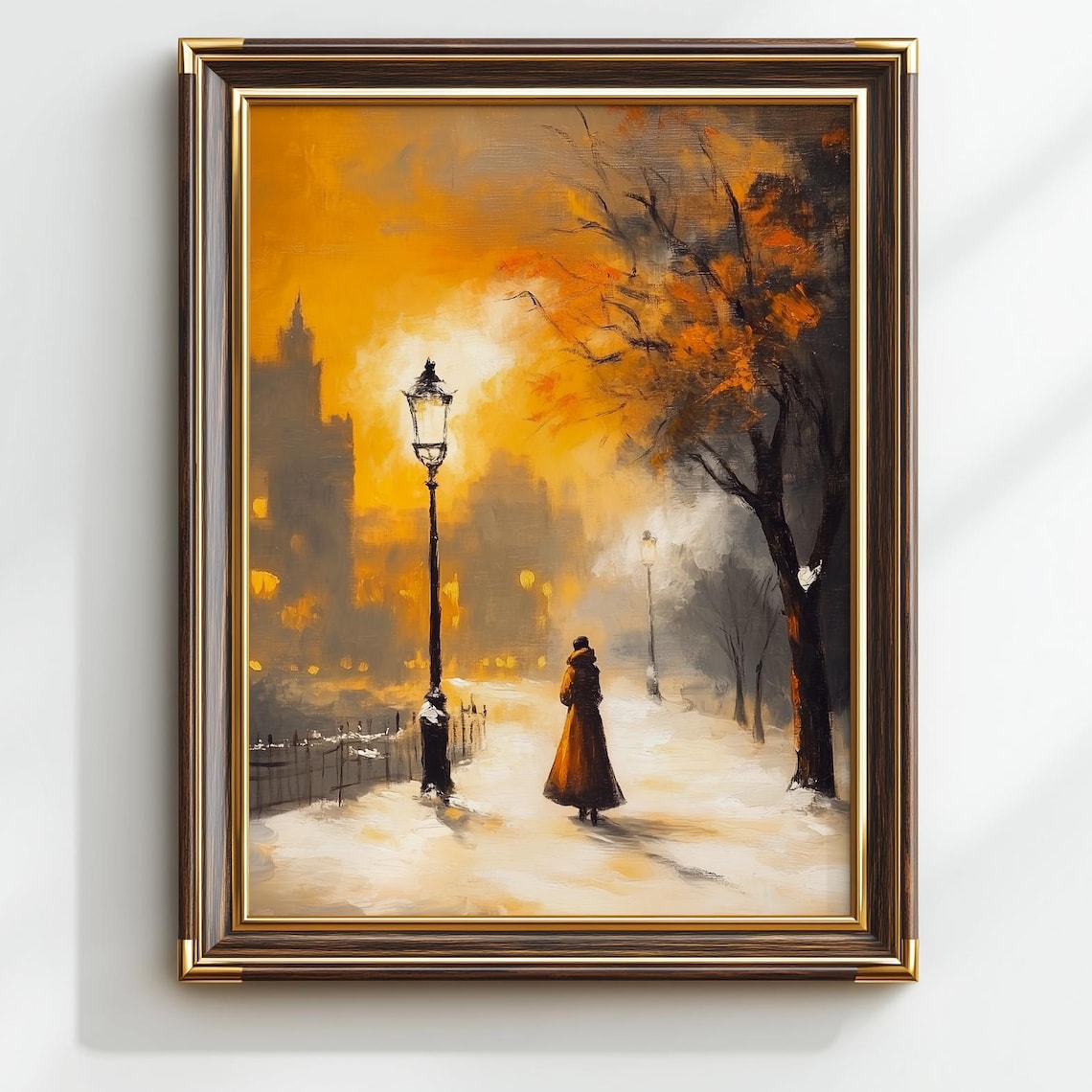 Winter Street Scene Glowing Lamppost Moody Oil Painting Poster