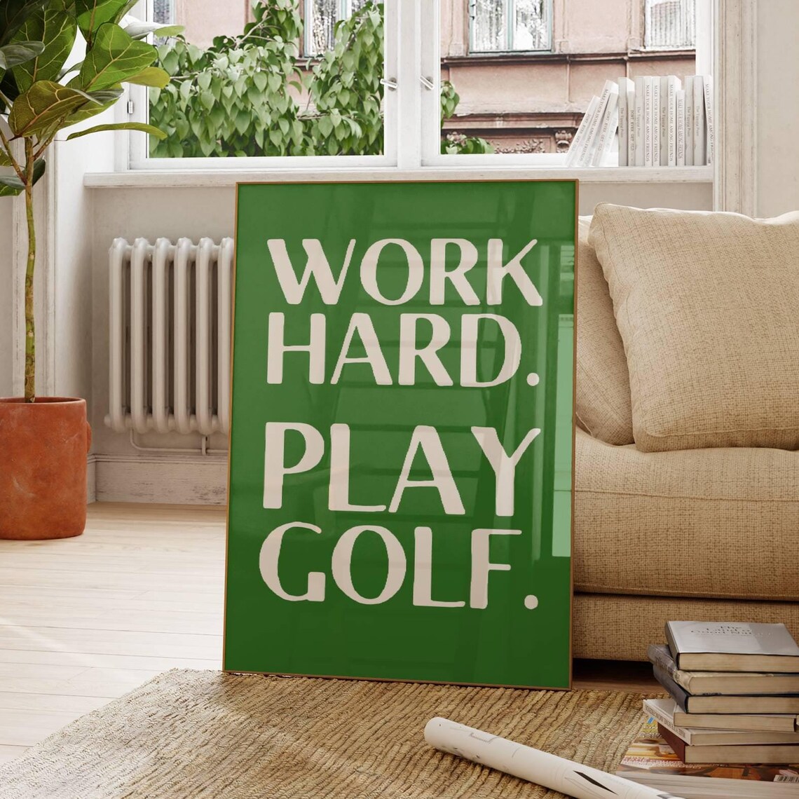 Work Hard Play Golf Bold Green Typography Quote Poster For Home Decor