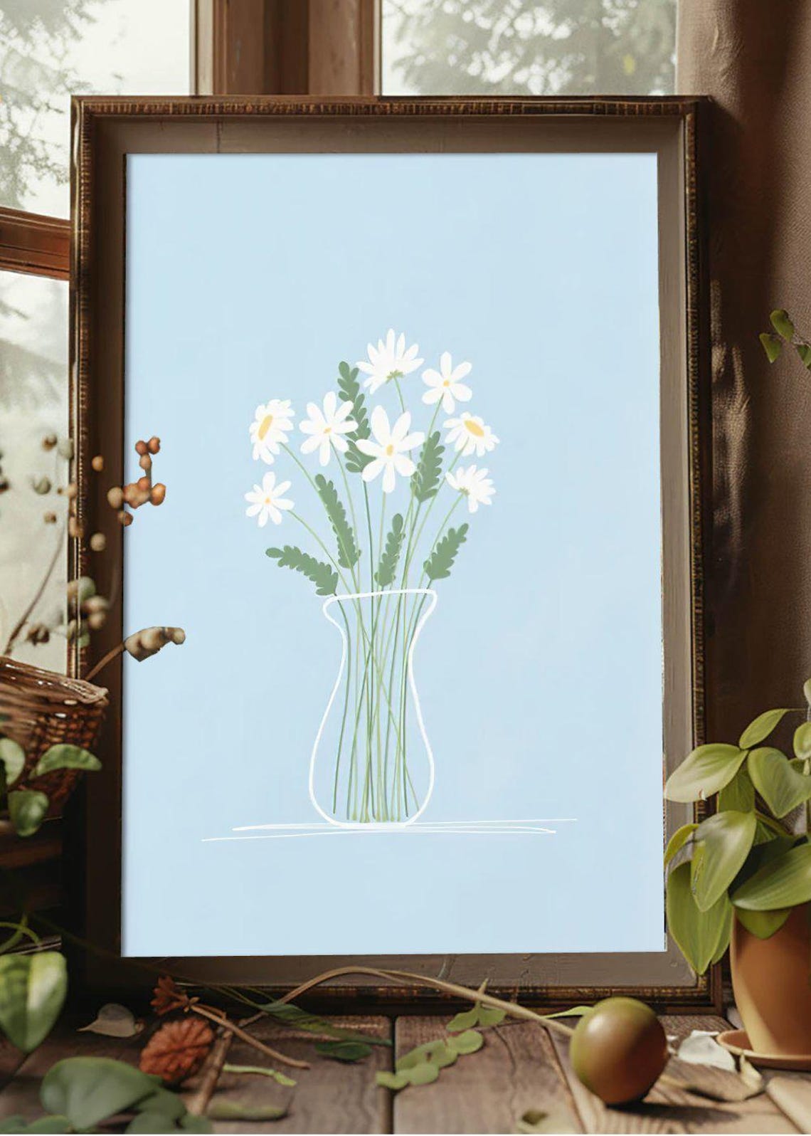 White Daisies In Glass Vase Minimalist Line Art Botanical Poster - Image 2