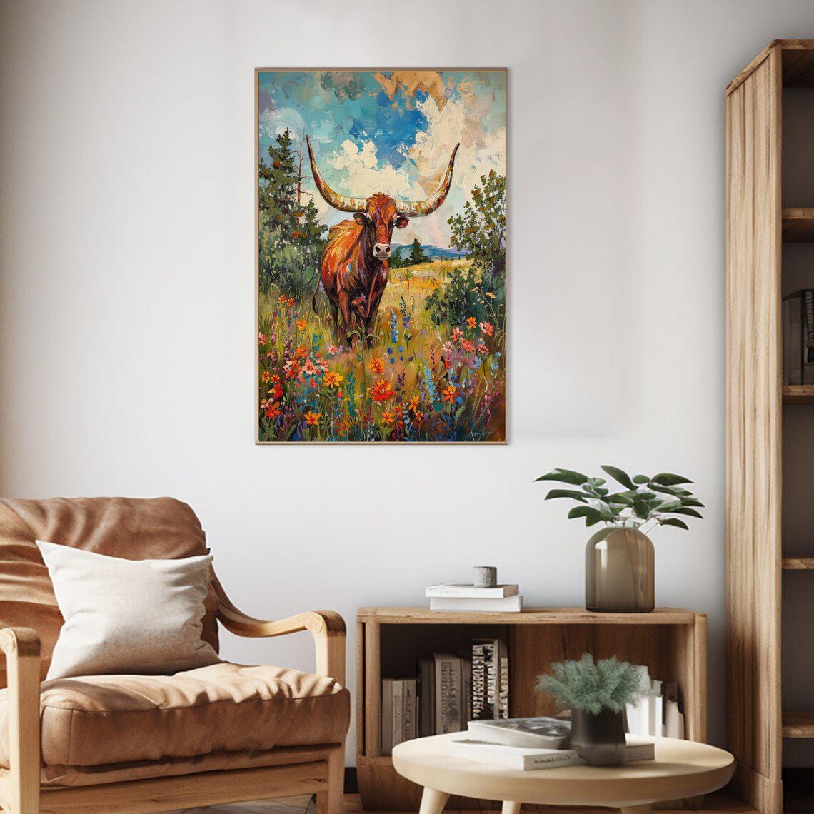 Texas Longhorn Bull Wildflower Field Oil Painting Ranch Poster - Image 2
