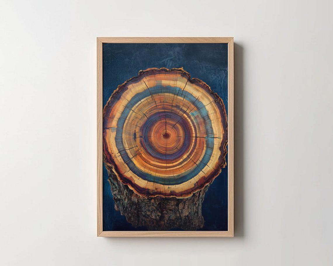 Vibrant Tree Rings Illustration Art Print Nature Wall Decor Unique Home Decoration Tree Cross Section Art Rustic Artwork