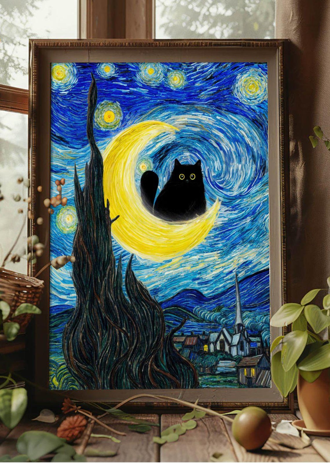 Black Cat On Crescent Moon Starry Night Van Gogh Style Poster - Image 2