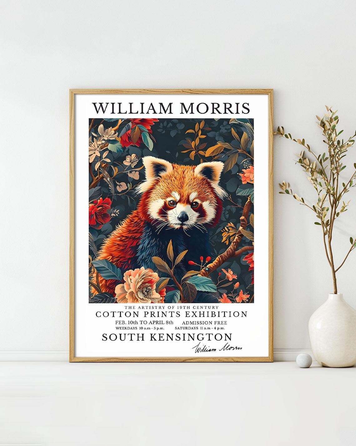 William Morris Red Panda Floral Portrait Cotton Prints Exhibition Poster