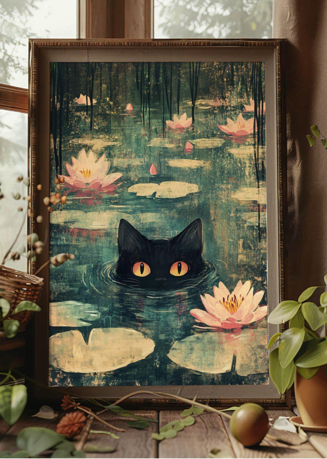 Black Cat Night Pond Water Lily Whimsical Amber Eyes Moon Poster - Image 2