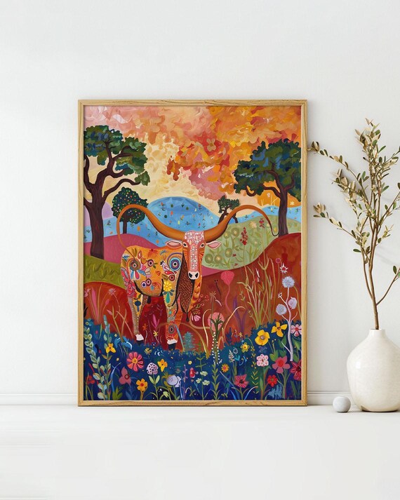 Whimsical Longhorn Art Poster Midcentury Modern Travel Wall Art Painting As Print Unique Design