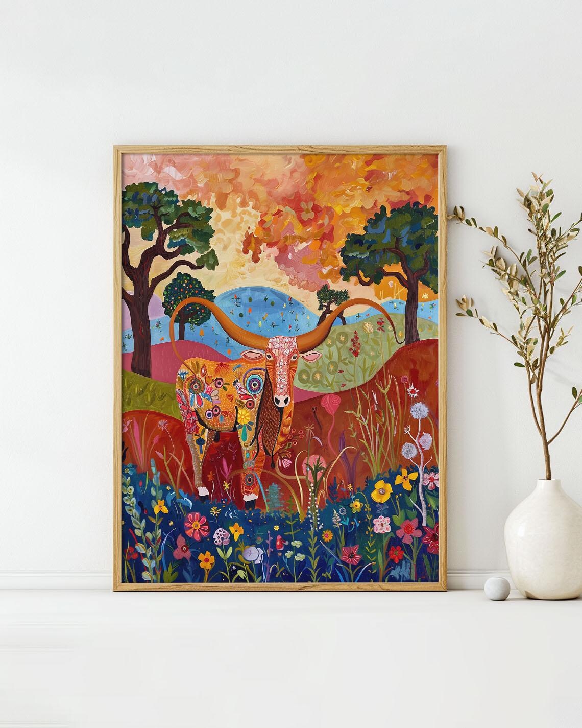 Whimsical Longhorn Cow Wildflower Meadow Folk Art Colorful Art Poster