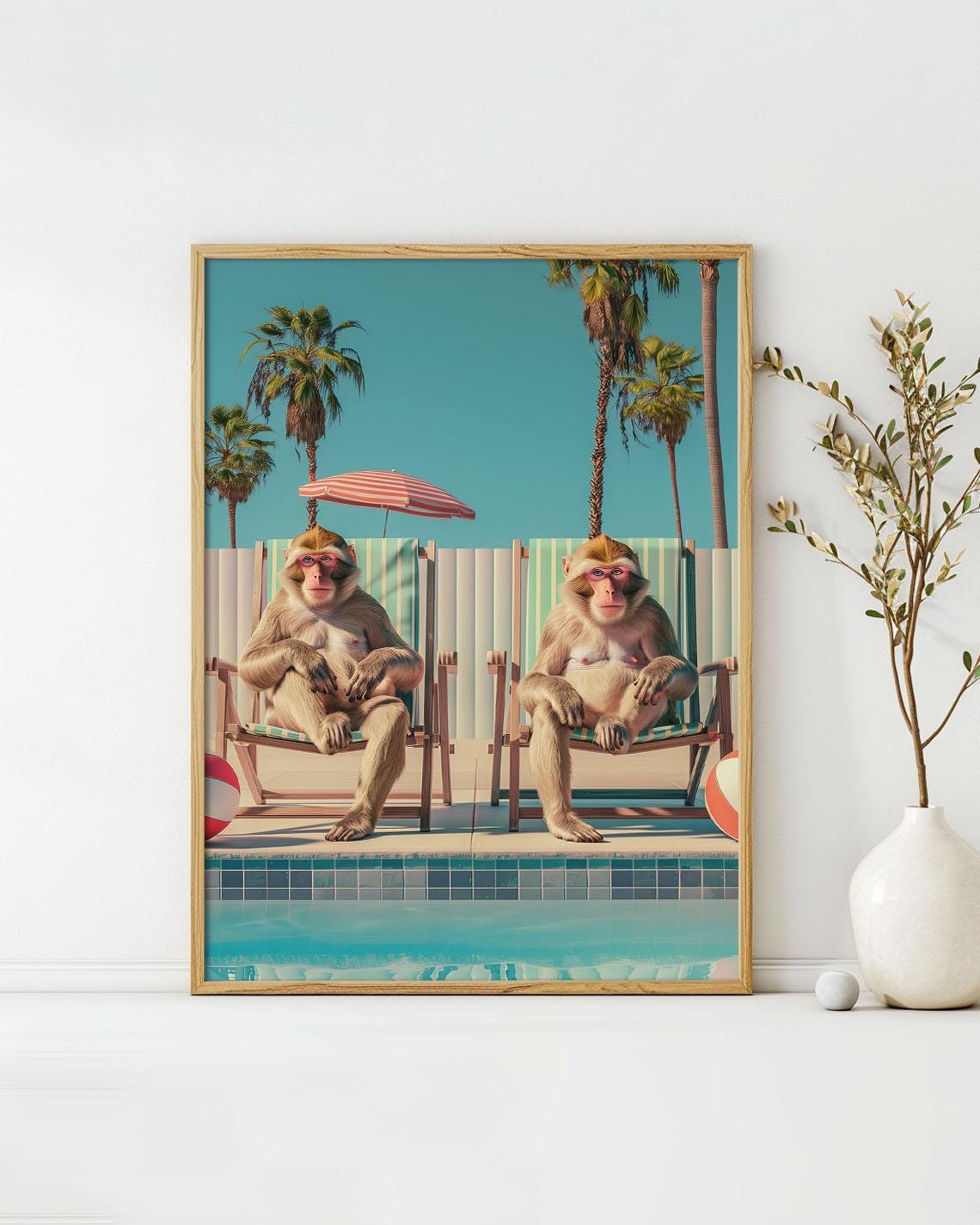 Cool Monkeys Poolside Lounge Retro Palm Beach Summer Art Poster