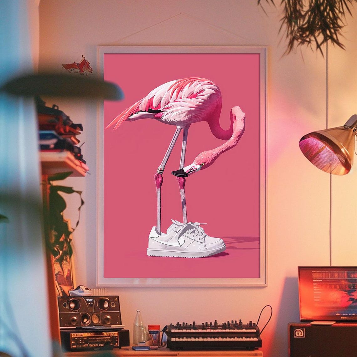 Playful Pink Flamingo Wearing White Sneakers Pop Art Style Poster - Image 2