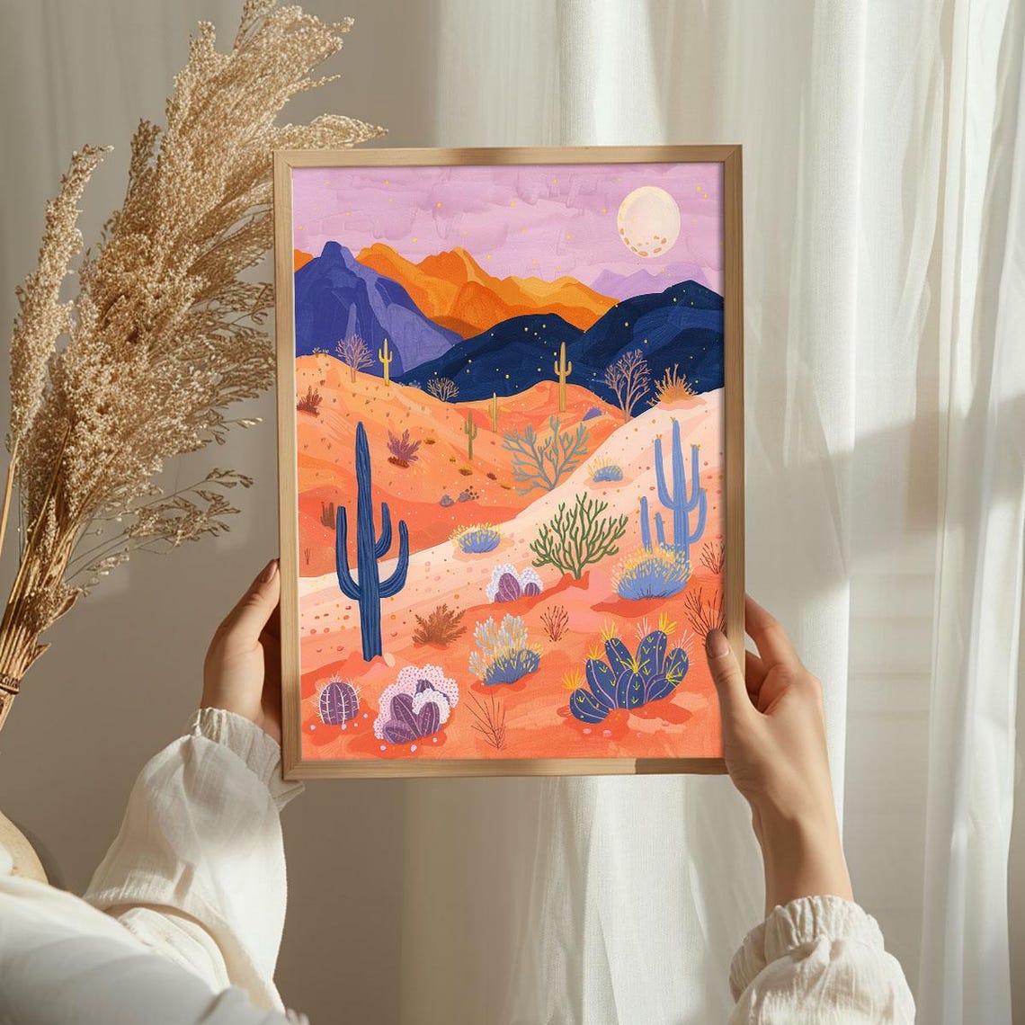 Warm Desert Sunset Moon Orange Mountains Cactus Scenic Poster - Image 3