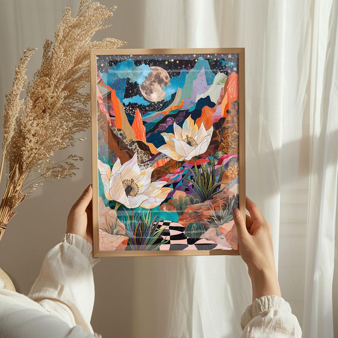 Dreamy Surreal Desert Dreamscape Giant Poppies Moon Collage Poster - Image 3