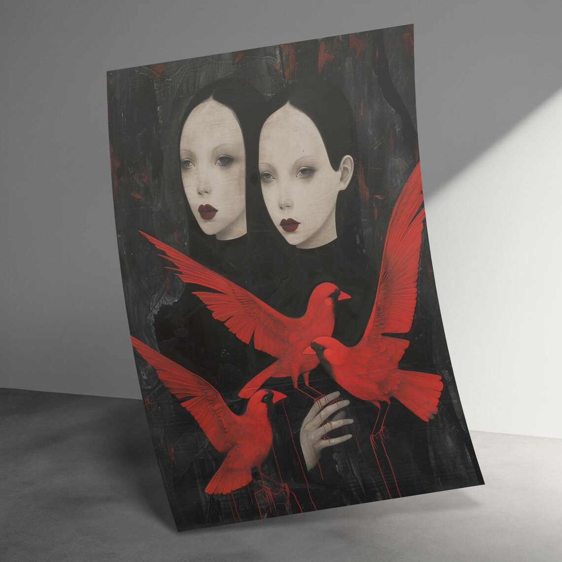 Dark Gothic Twin Women With Red Cardinals Surreal Fantasy Poster - Image 3