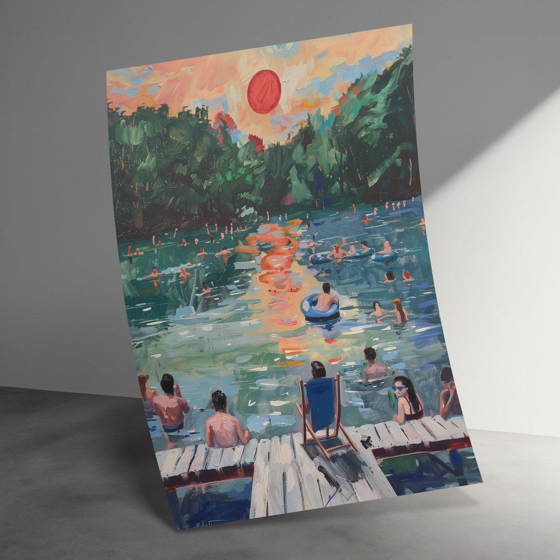 Sunset River Swim Impressionist Swimmers Dock Summer Art Poster - Image 3