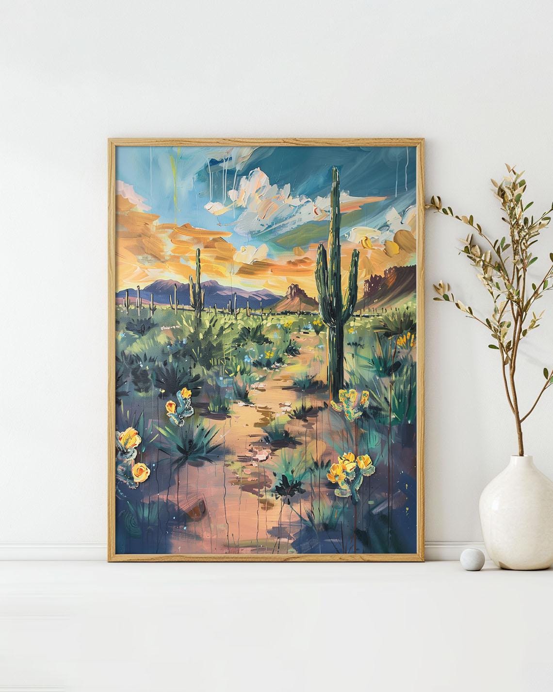 Twilight Desert Saguaro Cactus Colorful Sunset Landscape Poster