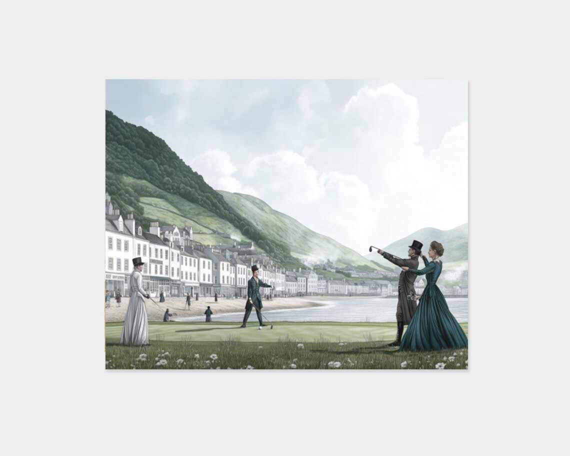 Victorian Golfers on Seaside Links Coastal Town Painting Poster - Image 2