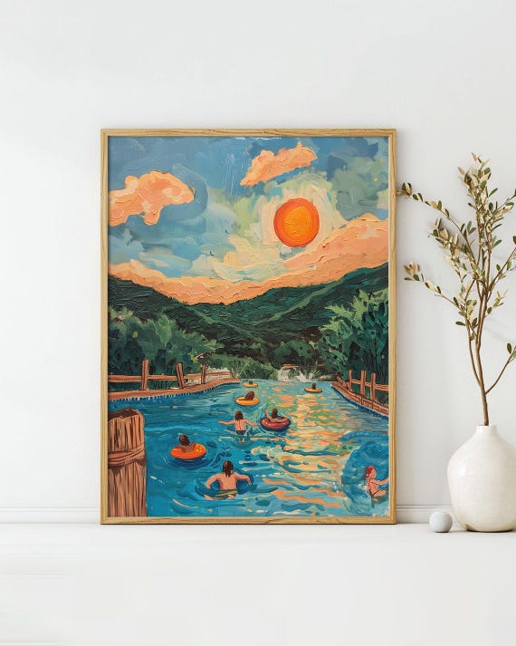 Sunset Pool Party Art Poster Midcentury Modern Travel Wall Art Painting As Print Unique Design