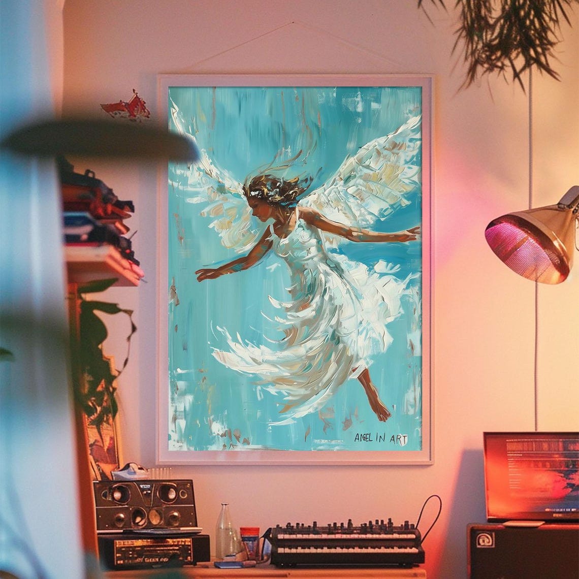 White Angel Flying Turquoise Sky Ethereal Angel In Art Poster - Image 2
