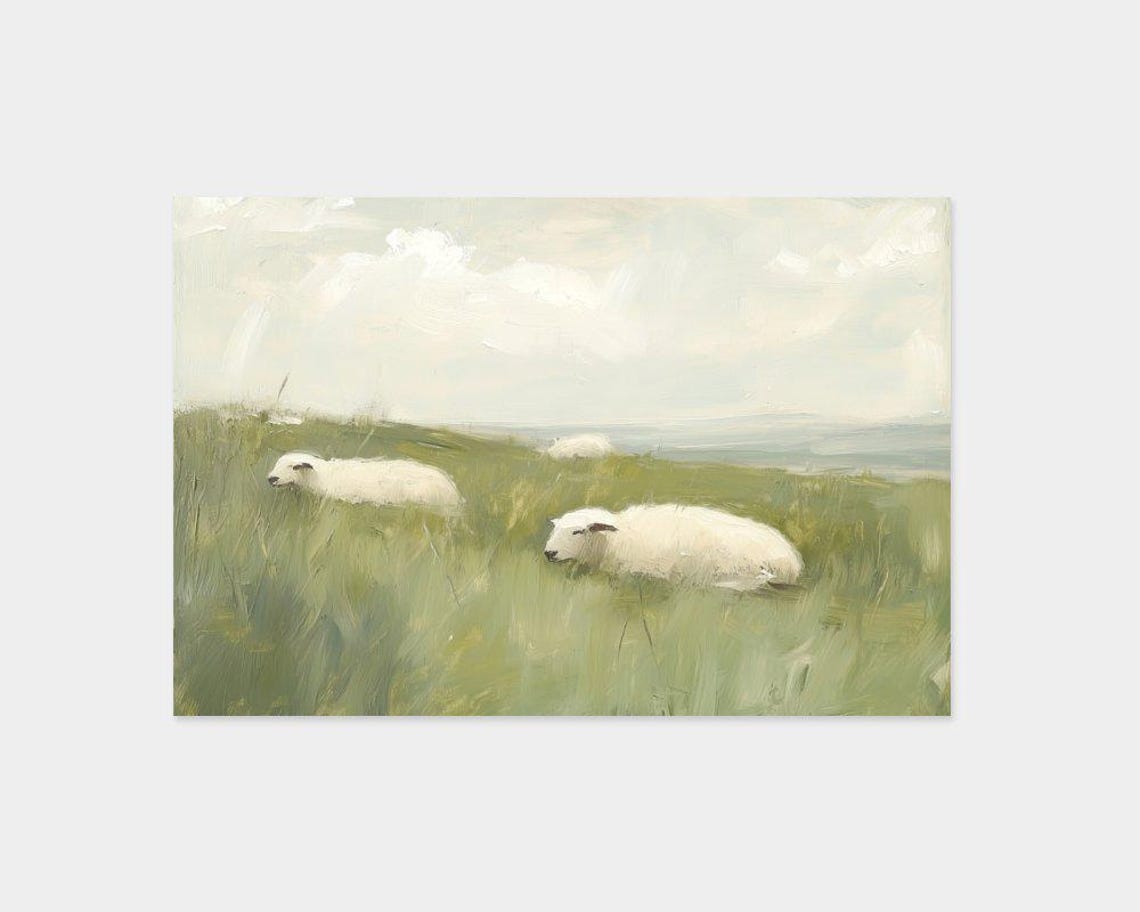 White Sheep Resting Green Pasture Muted Landscape Art Poster - Image 2
