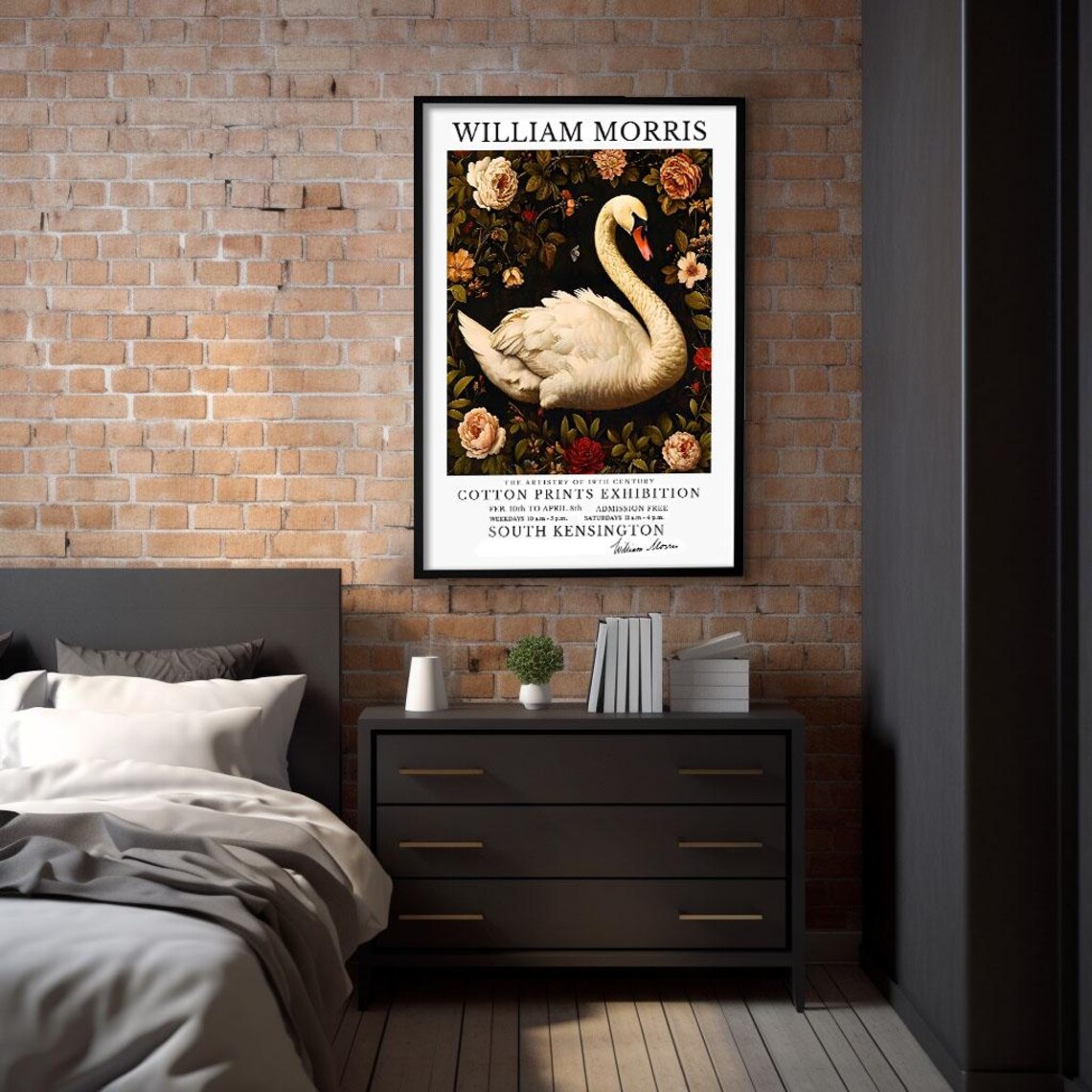 William Morris Swan On Dark Floral Vintage Exhibition Poster - Image 2