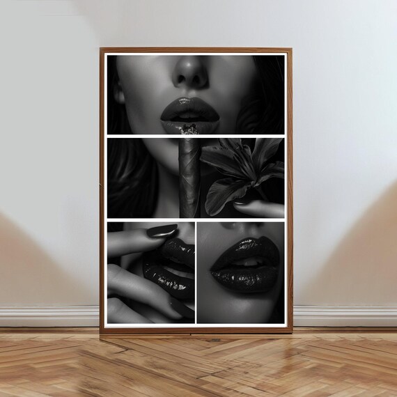Dramatic Black And White Glossy Lips Close Up Collage Beauty Poster