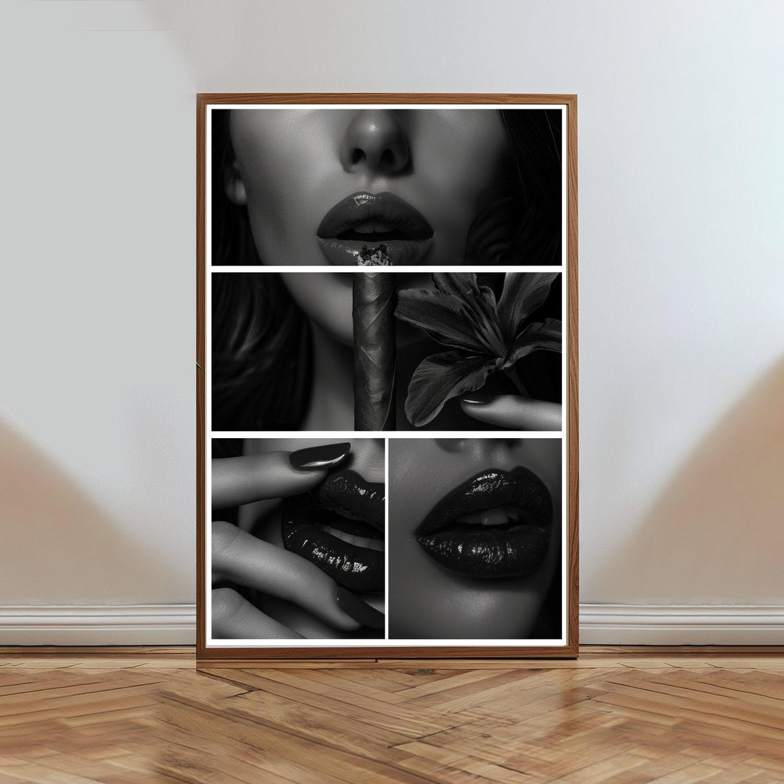 Dramatic Black And White Glossy Lips Close Up Collage Beauty Poster