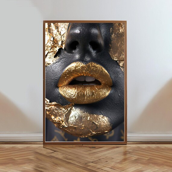 Bold Black And Gold Lips Close Up Glam Beauty Fashion Poster