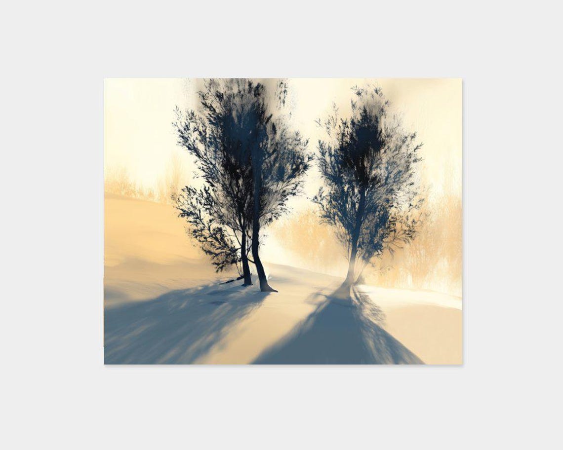 Two Trees in Snow at Golden Dawn Minimalist Winter Art Poster - Image 2