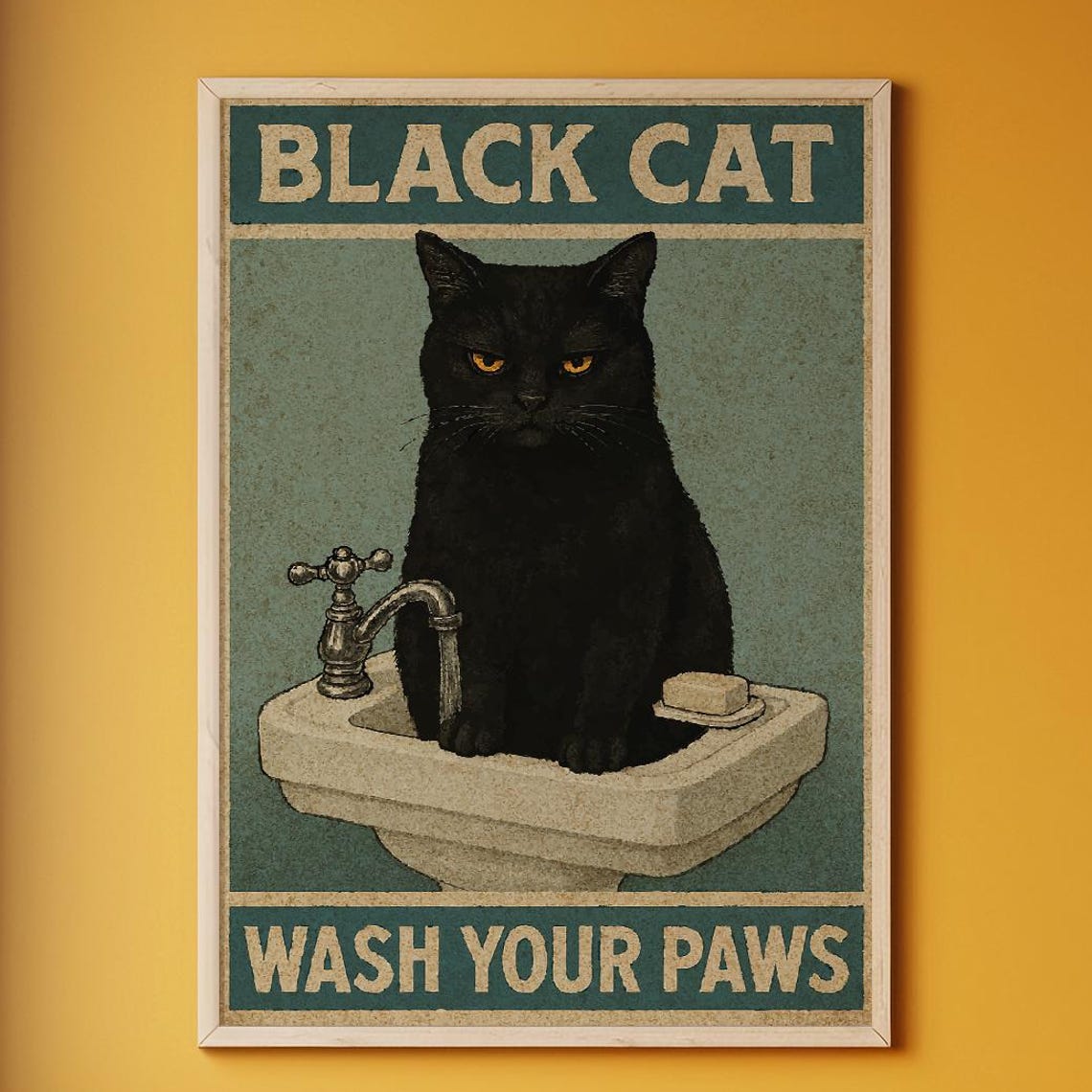 Black Cat Wash Your Paws Poster Funny Bathroom Wall Art Retro Pet Decor - Image 6