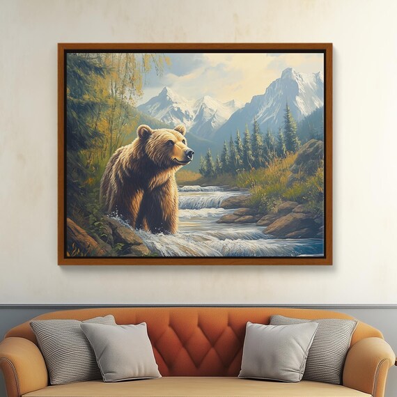 Grizzly Bear Watching Rushing River Hunting Salmon Rugged Wildlife Canvas Art Bold Mountain Scene Oil Painting With Evergreen Trees