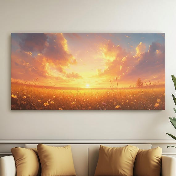 Golden Prairie At Sunset Painting Warm Light Over Rolling Fields Serene Open Landscape On Canvas Rustic Country Home Wall Art
