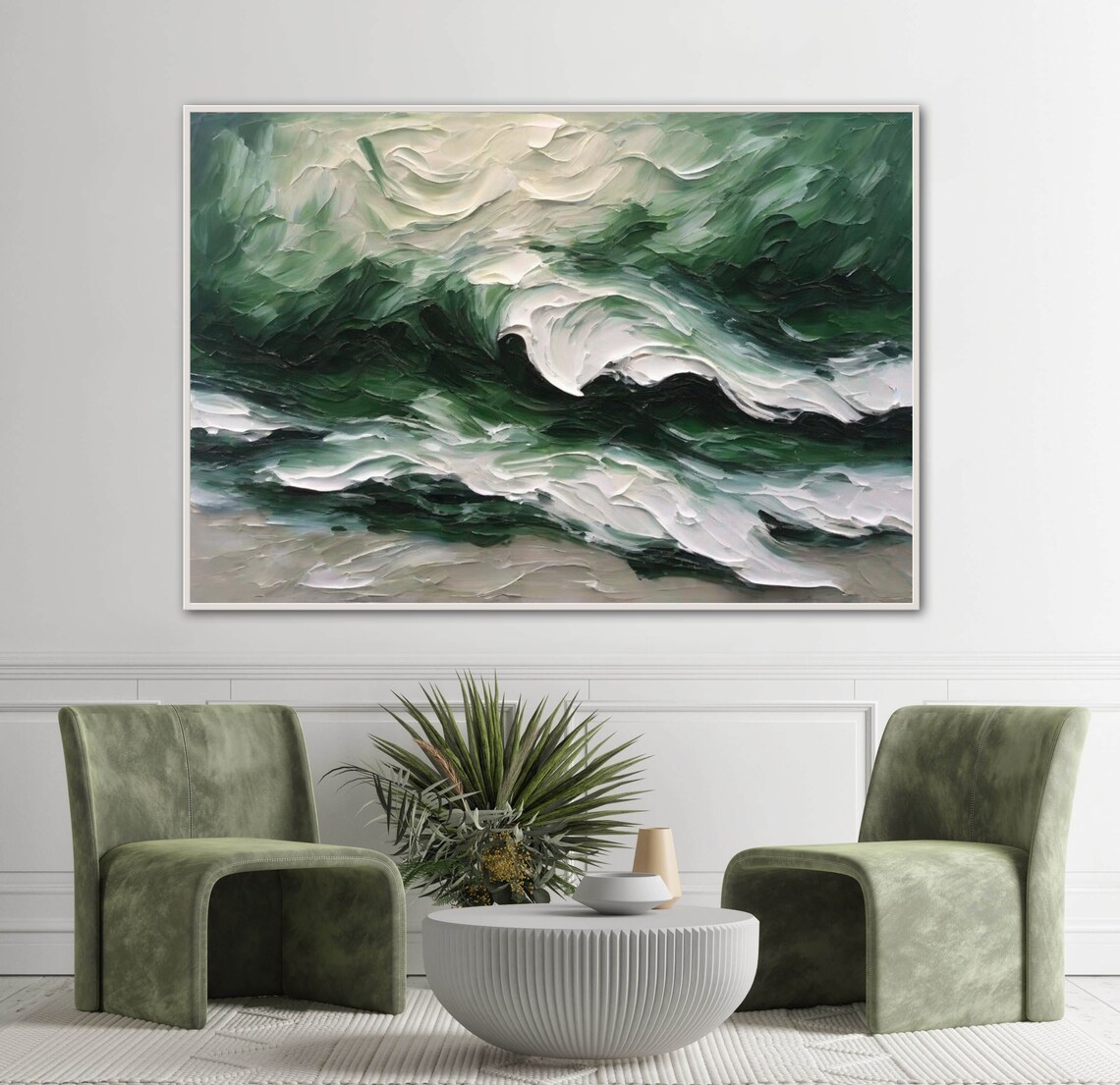 Dark Green and White Crashing Waves Thick Textured Art Poster - Image 2