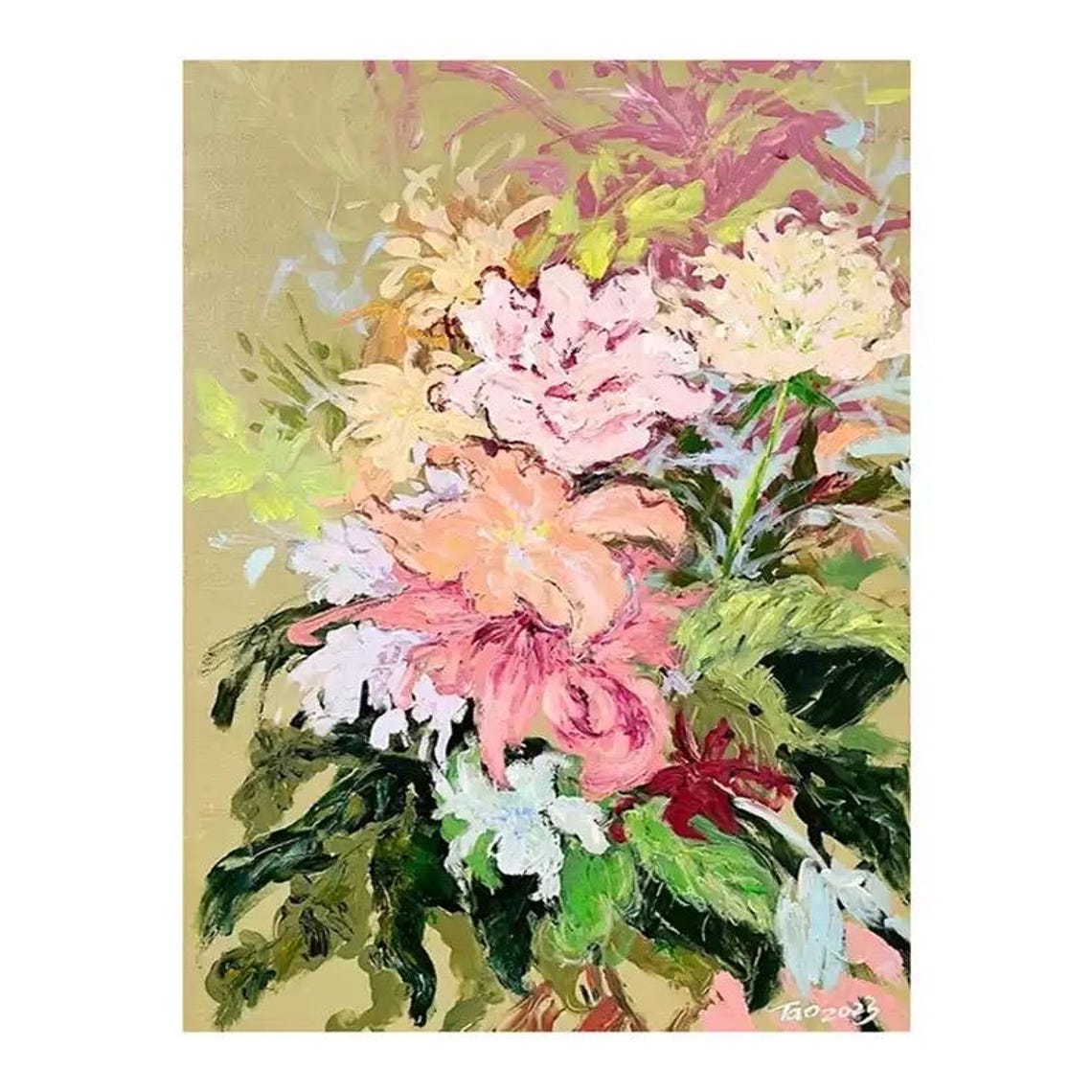 Blush Peony Bouquet on Olive Gold Background Floral Art Poster - Image 4