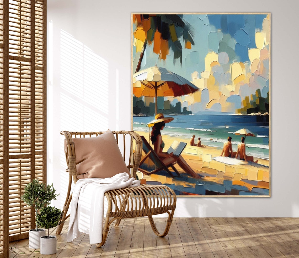 Woman Reading Under Umbrella on a Calm Bay Impasto Art Poster - Image 2