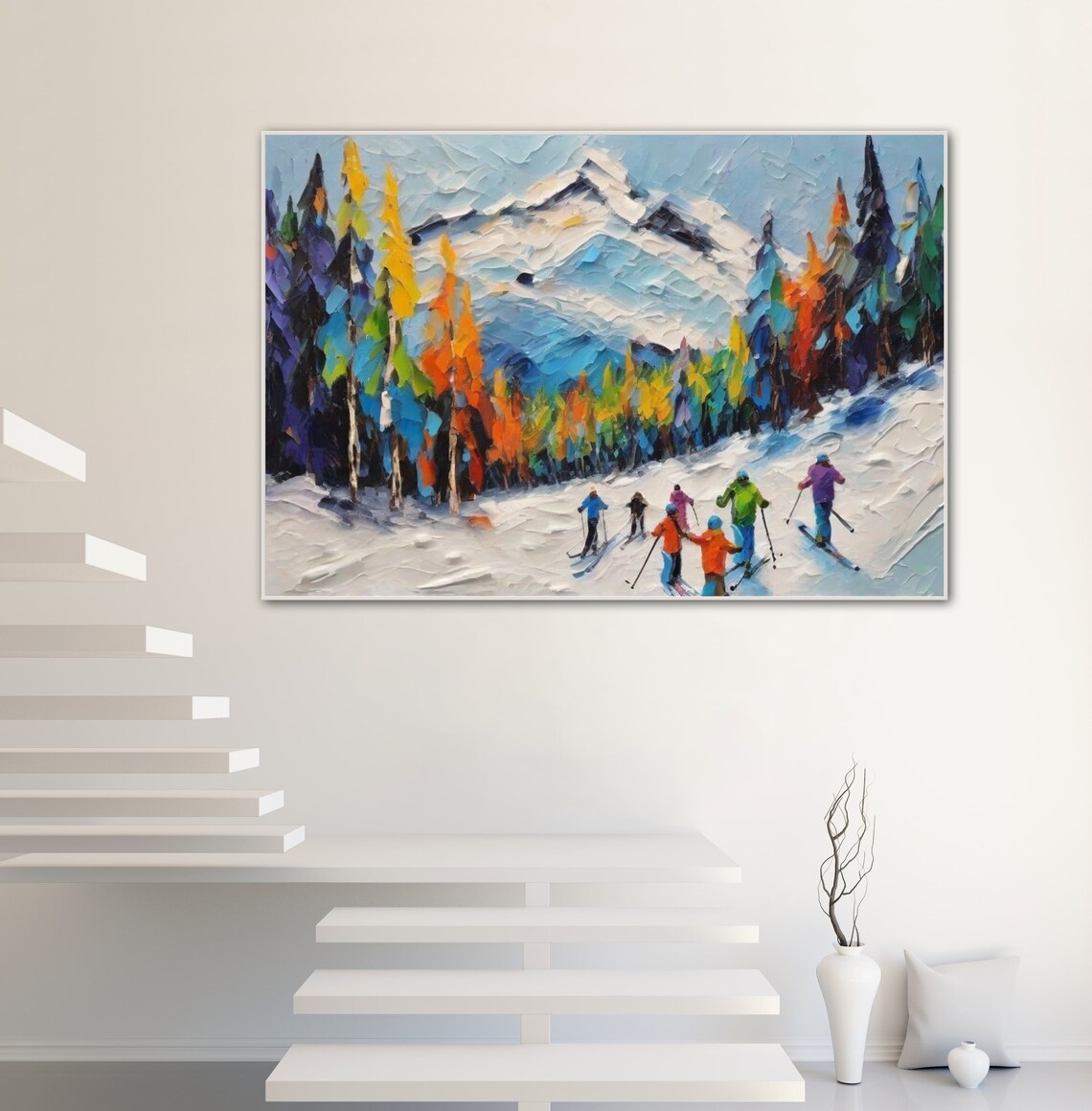 Skiers Descending Colorful Autumn Slope Mountain Impasto Poster - Image 3