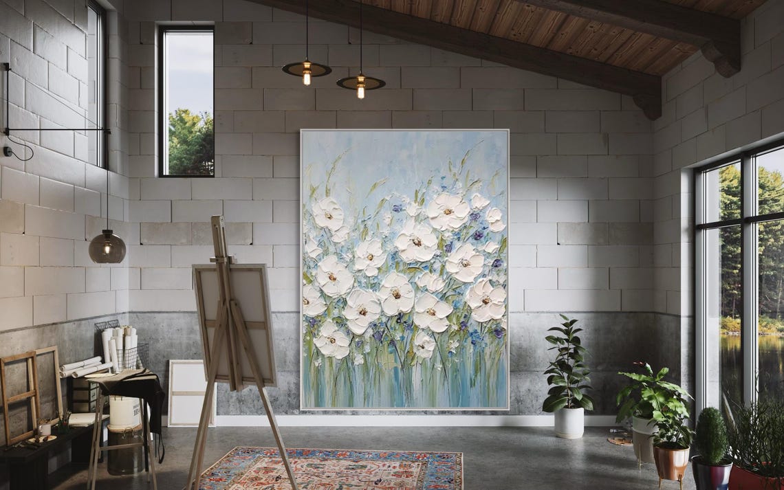 White Wildflowers in Blue Spring Meadow Floral Texture Poster - Image 2