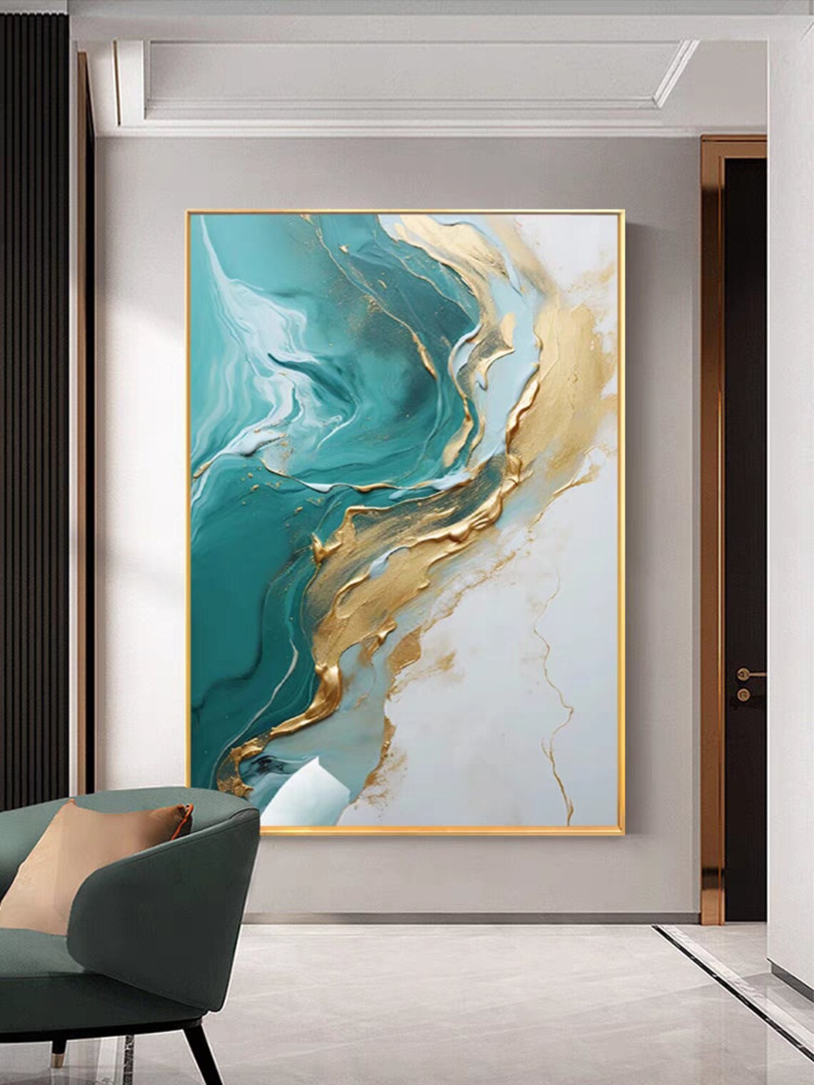 Teal and Gold Marble Vein Abstract Luxury Style Painting Poster - Image 2