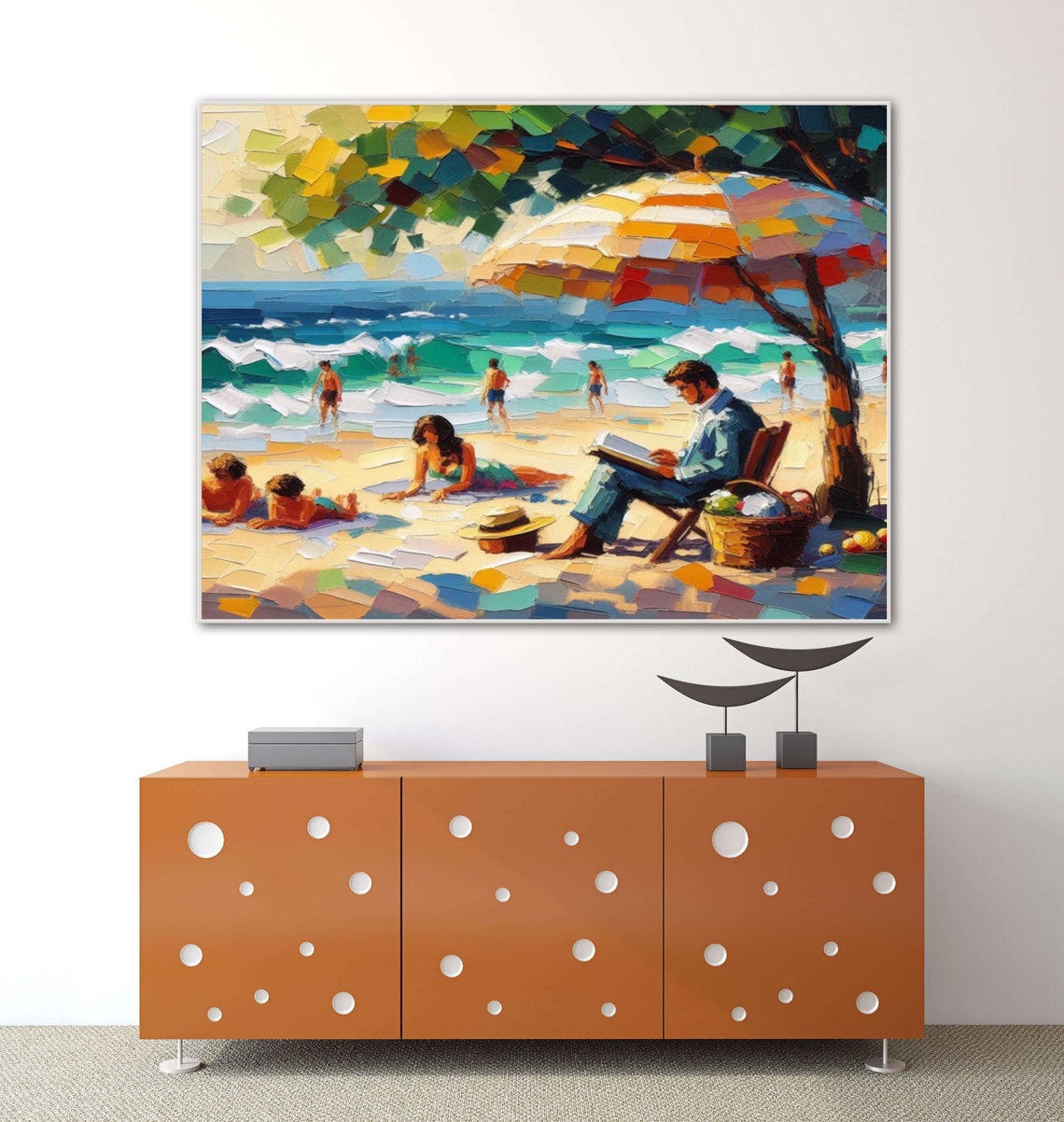 Beach Reading Day Under Striped Umbrella Wide Coastal Art Poster - Image 4