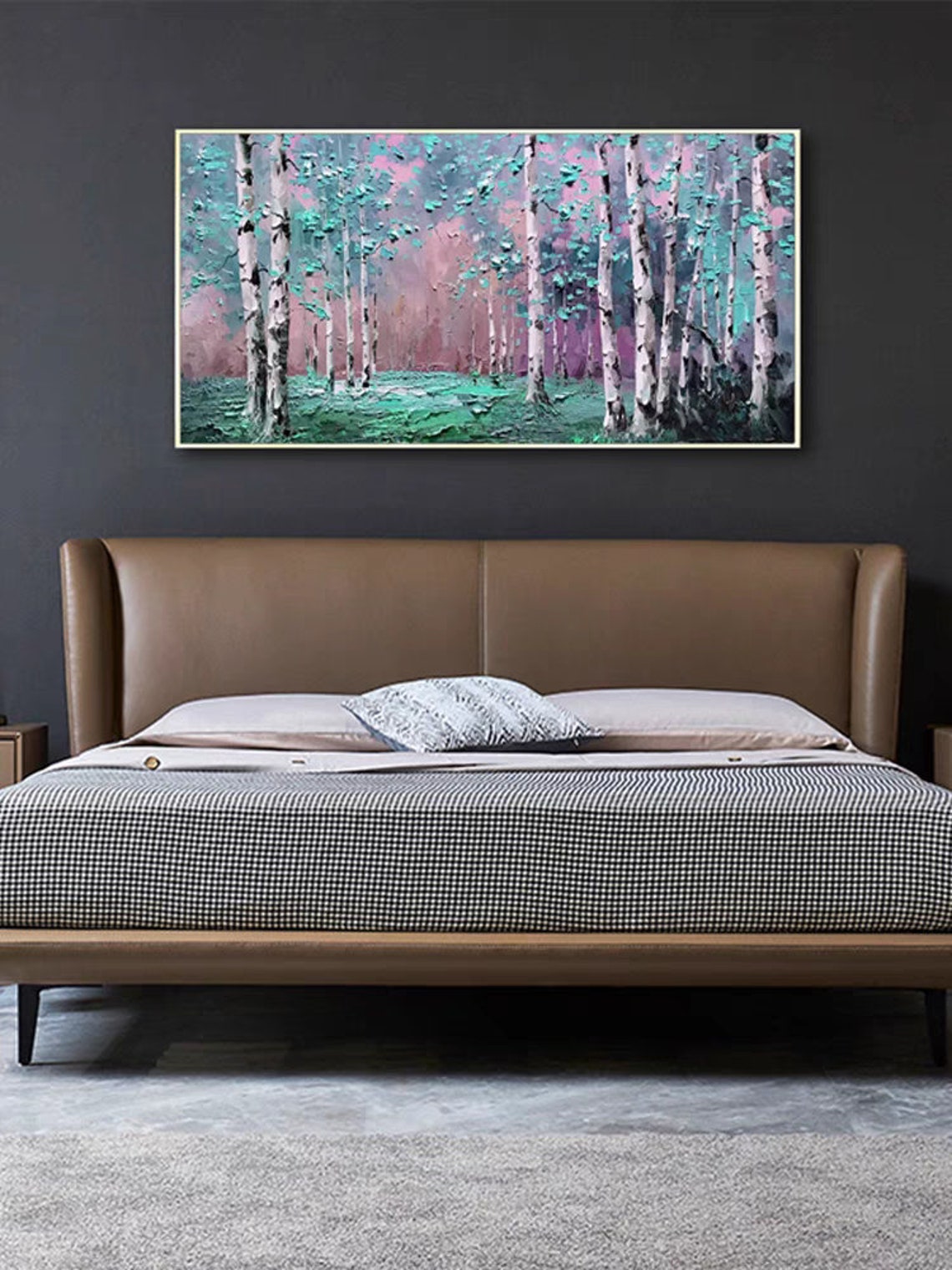 Pink Birch Forest With Mint Green Abstract Landscape Painting Poster - Image 3