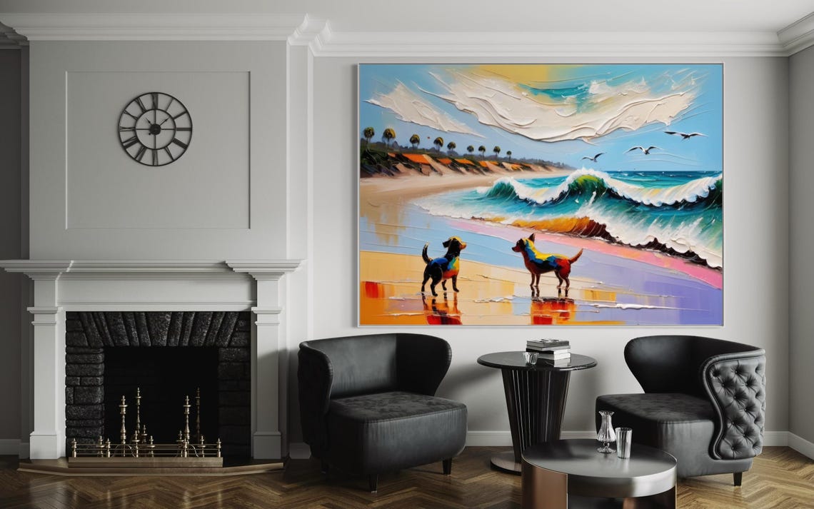 Two Colorful Dogs on Sandy Beach by the Ocean Waves Art Poster - Image 4