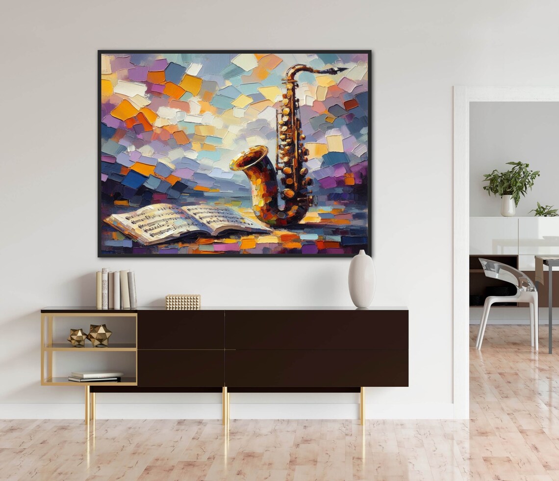 Saxophone With Sheet Music Book Colorful Mosaic Jazz Art Poster - Image 4