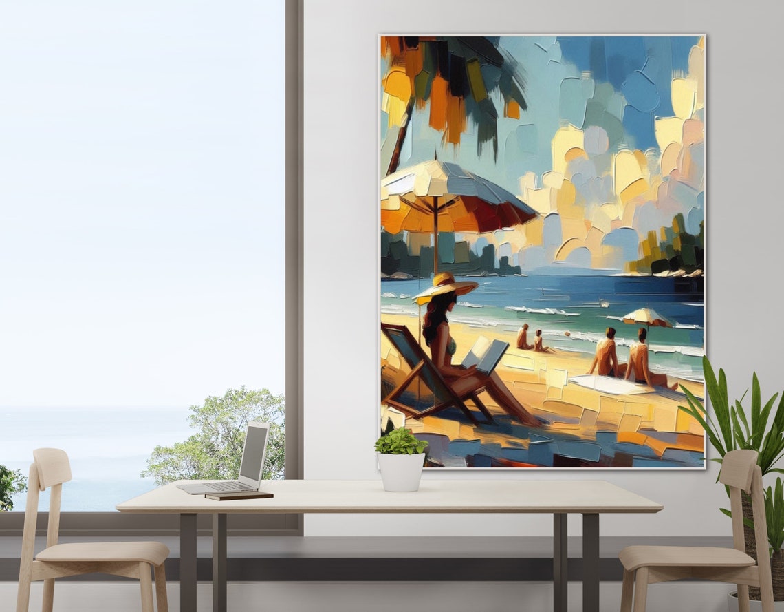 Woman Reading Under Umbrella on a Calm Bay Impasto Art Poster - Image 3