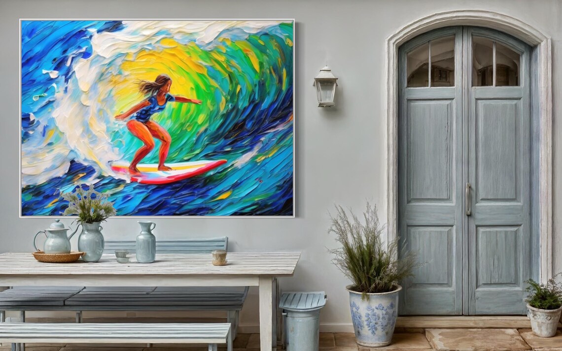 Woman Surfer Riding a Giant Blue Wave in Colorful Ocean Art Poster - Image 3