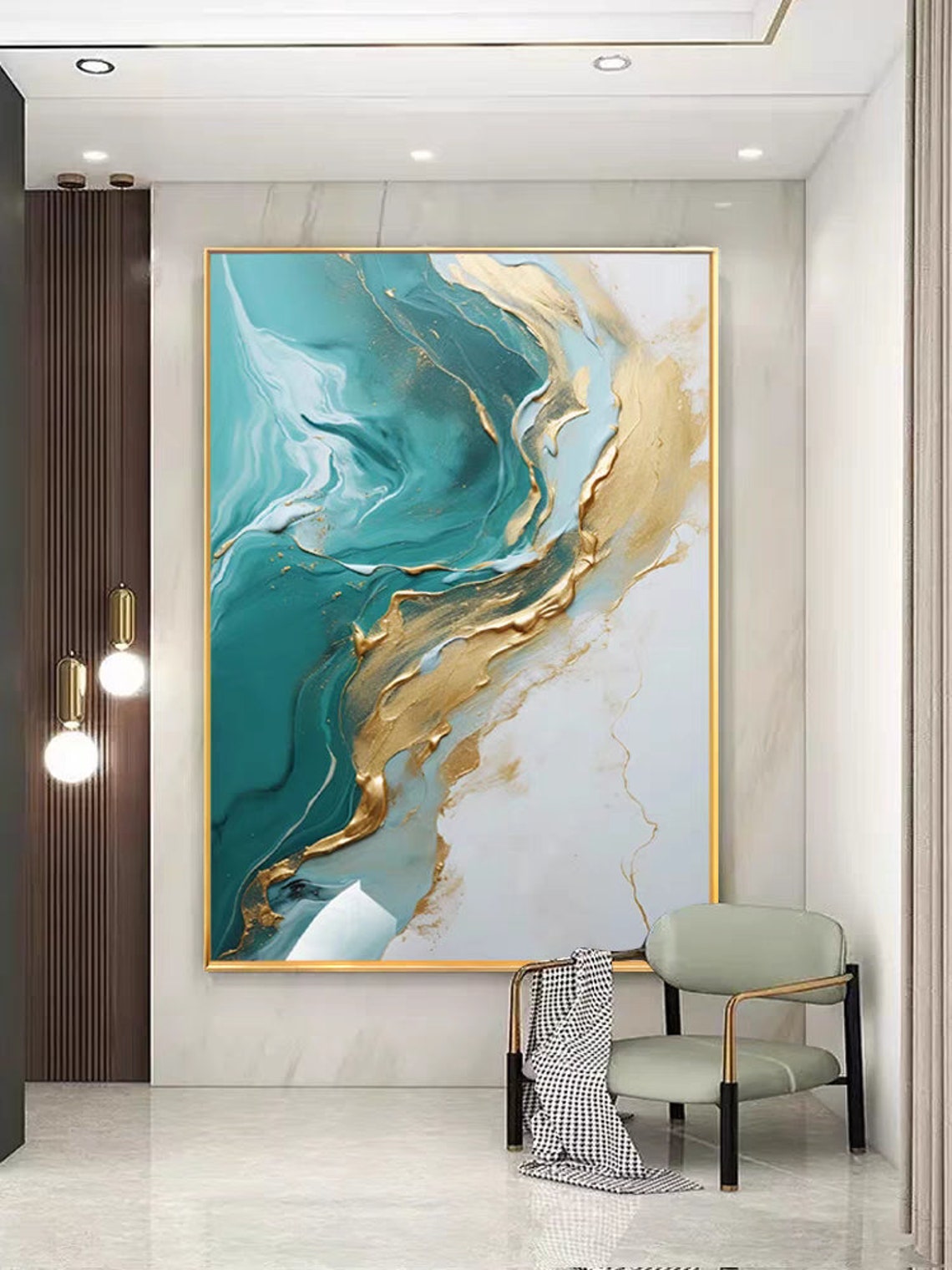 Teal and Gold Marble Vein Abstract Luxury Style Painting Poster - Image 3