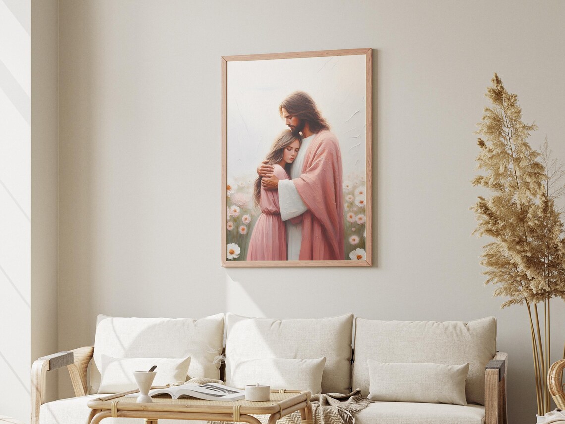 Jesus Christ Hugging Woman Daisy Field Painting Comfort Faith Poster - Image 3